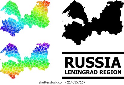 Spectral gradiented stars mosaic map of Leningrad Region. Vector colorful map of Leningrad Region with rainbow gradients.