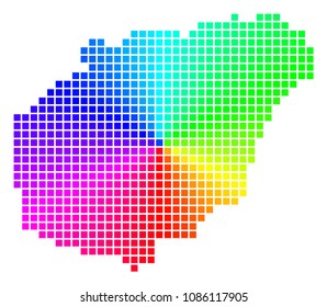 Spectral Hainan Island map. Vector cell geographic scheme in bright spectral colors with circular gradient. Impressive vector mosaic of Hainan Island map created from regular rectangle elements.