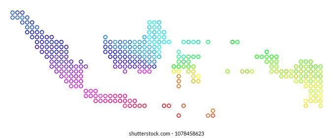 Spectral Indonesia Map. Vector geographic map in bright rainbow color tones. Spectrum has circular gradient. Color vector mosaic of Indonesia Map combined of circle elements.