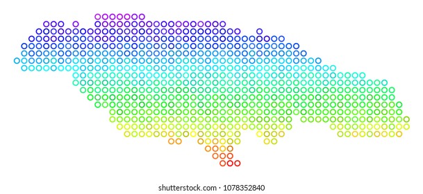 Spectral Jamaica Map. Vector geographic map in bright spectrum color tinges. Spectrum has vertical gradient. Colorful vector collage of Jamaica Map designed of small spheres.