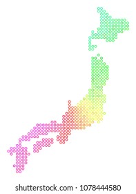 Spectral Japan Map. Vector geographic map in bright rainbow color color tints. Spectrum has circular gradient. Colored vector pattern of Japan Map organized of circle bubbles.
