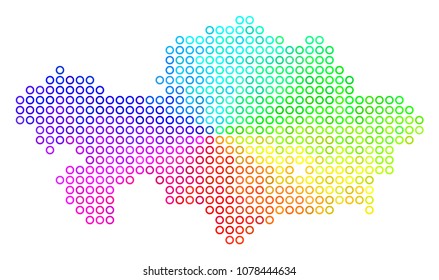 Spectral Kazakhstan Map. Vector geographic map in bright spectrum color tinges. Spectrum has circular gradient. Multicolored vector mosaic of Kazakhstan Map created of spheric particles.