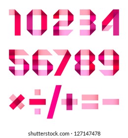 Spectral letters folded of paper pink & magenta ribbon - Arabic numerals (0, 1, 2, 3, 4, 5, 6, 7, 8, 9).