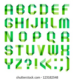 Spectral letters folded of paper ribbon-green. Roman alphabet (A, B, C, D, E, F, G, H, I, J, K, L, M, N, O, P, Q, R, S, T, U, V, W, X, Y, Z).