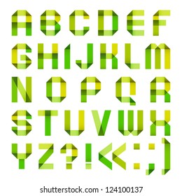 Spectral letters folded of paper ribbon-green and yellow. Roman alphabet (A, B, C, D, E, F, G, H, I, J, K, L, M, N, O, P, Q, R, S, T, U, V, W, X, Y, Z).