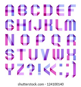 Spectral letters folded of paper ribbon-purple. Roman alphabet (A, B, C, D, E, F, G, H, I, J, K, L, M, N, O, P, Q, R, S, T, U, V, W, X, Y, Z).