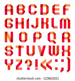 Spectral letters folded of paper ribbon-red. Roman alphabet (A, B, C, D, E, F, G, H, I, J, K, L, M, N, O, P, Q, R, S, T, U, V, W, X, Y, Z).