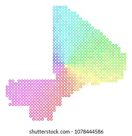 Spectral Mali Map. Vector geographic map in bright spectral color color tints. Spectrum has circular gradient. Multicolored vector composition of Mali Map constructed of circle elements.