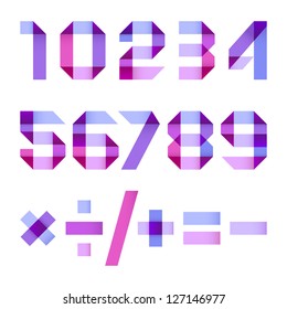 Spectral numbers folded of paper blue violet  ribbon - Arabic numerals (0, 1, 2, 3, 4, 5, 6, 7, 8, 9).