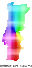 Spectral Portugal map. Vector pixelated geographic map in bright spectral colors with circular gradient. Impressive vector pattern of Portugal map created with regular rectangle elements.