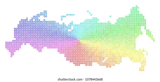 Spectral Russia Map. Vector geographic map in bright rainbow color shades. Spectrum has circular gradient. Colorful vector pattern of Russia Map constructed of spheric particles.