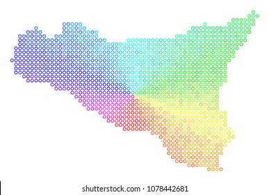 Spectral Sicilia Map. Vector geographic map in bright spectrum color tinges. Spectrum has circular gradient. Multicolored vector pattern of Sicilia Map created of small spheres.