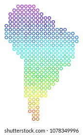 Spectral South America Map. Vector geographic map in bright spectrum color hues. Spectrum has vertical gradient. Colorful vector collage of South America Map organized of circle elements.