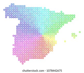 Spectral Spain Map. Vector geographic map in bright spectrum color tones. Spectrum has circular gradient. Bright vector mosaic of Spain Map created of circle elements.