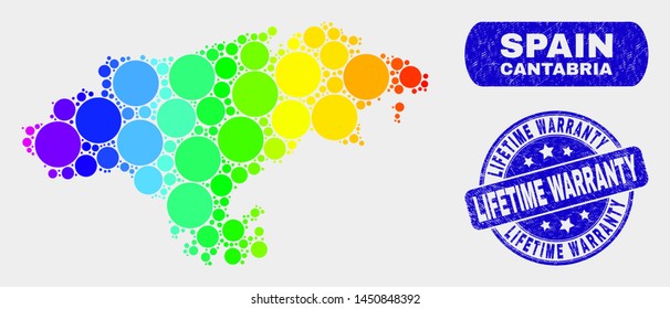 Spectral spotted Cantabria Province map and seal stamps. Blue rounded Lifetime Warranty textured seal. Gradiented spectral Cantabria Province map mosaic of random round spots.