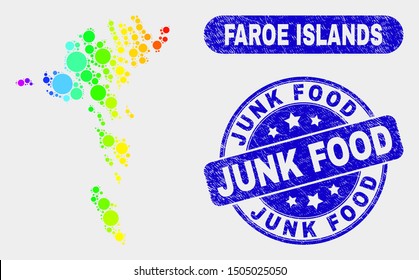 Spectral spotted Faroe Islands map and seal stamps. Blue rounded Junk Food grunge watermark. Gradiented spectral Faroe Islands map mosaic of scattered small circles.