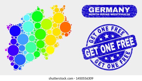 Spectral spotted North Rhine-Westphalia Land map and seal stamps. Blue rounded Get One Free grunge stamp. Gradiented rainbow colored North Rhine-Westphalia Land map mosaic of scattered small circles.