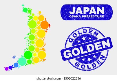 Spectral spotted Osaka Prefecture map and seal stamps. Blue rounded Golden scratched seal stamp. Gradient spectral Osaka Prefecture map mosaic of random small spheres.