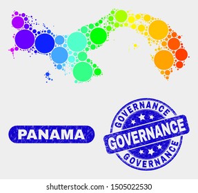 Spectral spotted Panama map and seals. Blue round Governance grunge seal stamp. Gradiented spectral Panama map mosaic of randomized small circles. Governance stamp with grunge surface.
