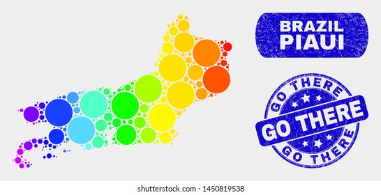 Spectral spotted Piaui State map and seal stamps. Blue rounded Go There distress seal stamp. Gradiented spectral Piaui State map mosaic of randomized spheric dots.