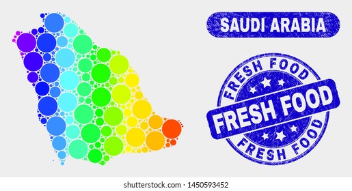 Spectral spotted Saudi Arabia map and seal stamps. Blue round Fresh Food distress seal stamp. Gradiented spectrum Saudi Arabia map mosaic of randomized small spheres.