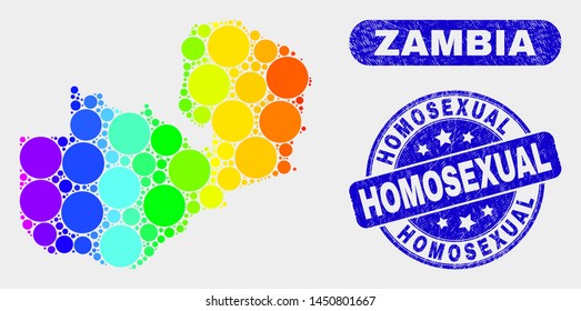 Spectral spotted Zambia map and stamps. Blue round Homosexual grunge seal stamp. Gradient spectral Zambia map mosaic of randomized spheric dots. Homosexual seal stamp with distress surface.