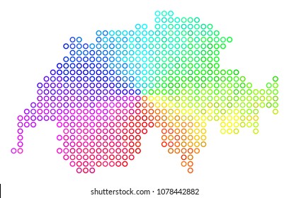 Spectral Swissland Map. Vector geographic map in bright spectral color shades. Spectrum has circular gradient. Colored vector collage of Swissland Map organized of circle elements.
