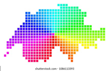 Spectral Swissland map. Vector pixel geographic map in bright spectrum colors with circular gradient. Impressive vector pattern of Swissland map combined from regular square small elements.