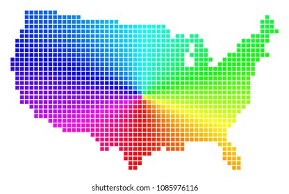 Spectral USA map. Vector cell geographic plan in bright spectral colors with circular gradient. Impressive vector collage of USA map done of regular rectangle cells.