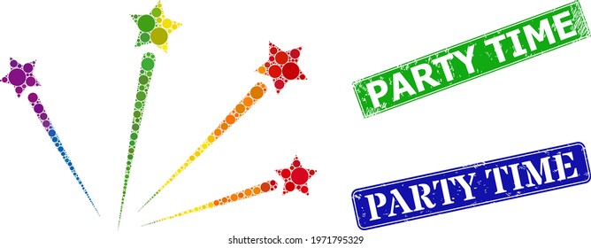 Spectral vibrant gradient circle mosaic salute stars, and Party Time dirty framed rectangle stamp seals. Blue and green stamp seals contain Party Time tag inside framed rectangles.