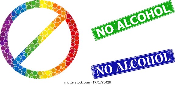Spectral vibrant gradiented rounded dot mosaic forbid, and No Alcohol corroded framed rectangle stamp seals. Blue and green stamp seals include No Alcohol title inside framed rectangles.