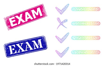 Spectral vibrant net exam list, and Exam dirty framed rectangle stamp seals. Pink and blue rectangle stamp seals include Exam caption. Vector model created from exam list icon.
