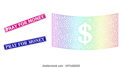 Spectral vibrant network dollar banknote, and Pray for Money corroded framed rectangle stamp seals. Pink and blue rectangle stamp seals contain Pray for Money title.