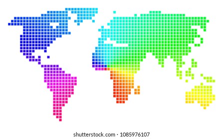 Spectral world map. Vector dot geographic plan in bright spectral colors with circular gradient. Color vector collage of world map made of regular square small elements.