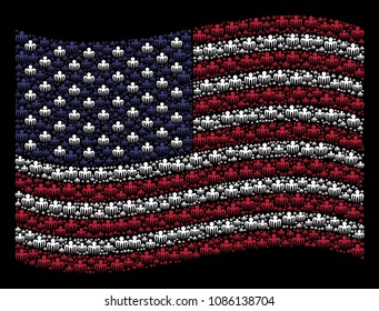 Spectre octopus pictograms are combined into waving American flag abstraction on a dark background. Vector concept of American state flag is combined from spectre octopus elements.