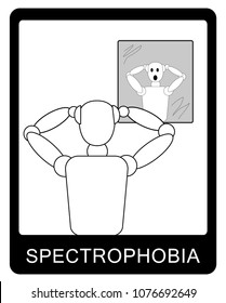 Spectrophobia. Man is afraid of his reflection in the mirror. Psychological deviation. Fear of reflection.