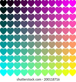 Spectrum background of repeating hearts. Abstract colorful retro texture. Color flow effect. Vector illustration.