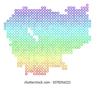 Spectrum Cambodia Map. Vector geographic map in bright spectral color tinges. Spectrum has vertical gradient. Color vector composition of Cambodia Map made of small circles.