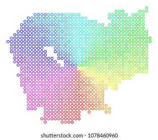 Spectrum Cambodia Map. Vector geographic map in bright rainbow color shades. Spectrum has circular gradient. Multicolored vector pattern of Cambodia Map organized of small spheres.