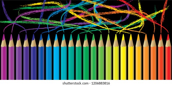 Spectrum Cartoon Draw Pencil Line. Sharpener Color Rainbow Pallet Background. Vector CMYK, Rgb, Presenting Color Printing. Comic Pencils Crayon. Happy Word Pencil Day  Or Teachers Day