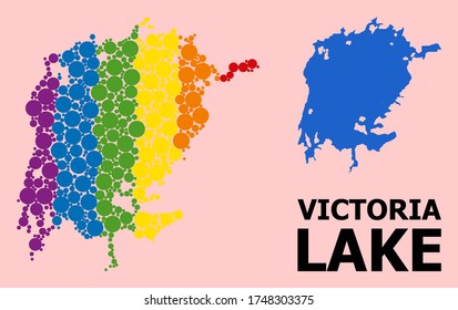 Spectrum colored collage vector map of Victoria Lake for LGBT, and black version. Geographic collage map of Victoria Lake is organized from scattered round spheric dots.