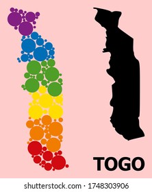 Spectrum colored collage vector map of Togo for LGBT, and black version. Geographic collage map of Togo is composed with scattered round spheric elements.