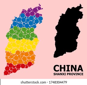 Spectrum colored collage vector map of Shanxi Province for LGBT, and black version. Geographic collage map of Shanxi Province is combined with scattered round spheric spots.