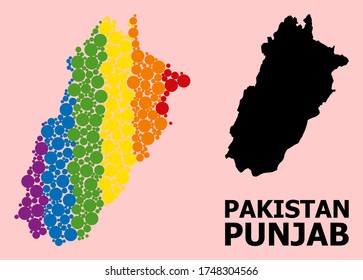 Mapa vector de collage de colores espectrales de la provincia de Punjab para LGBT, y versión negra. El mapa de collage geográfico de la provincia de Punjab está diseñado con elementos esféricos redondos dispersos.