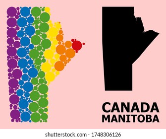 Spectrum colored collage vector map of Manitoba Province for LGBT, and black version. Geographic collage map of Manitoba Province is constructed from scattered circle spots.