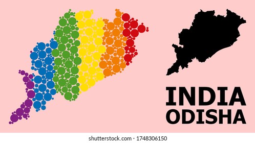 Spectrum colored collage vector map of Odisha State for LGBT, and black version. Geographic collage map of Odisha State is constructed with randomized circle elements.