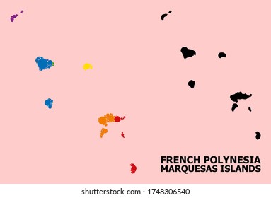 Spectrum colored collage vector map of Marquesas Islands for LGBT, and black version. Geographic collage map of Marquesas Islands is done with scattered round spheric spots.