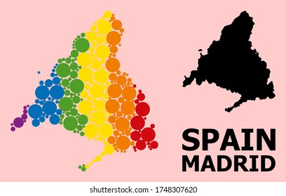 Spectrum colored collage vector map of Madrid Province for LGBT, and black version. Geographic concept map of Madrid Province is organized from randomized round spheric dots.