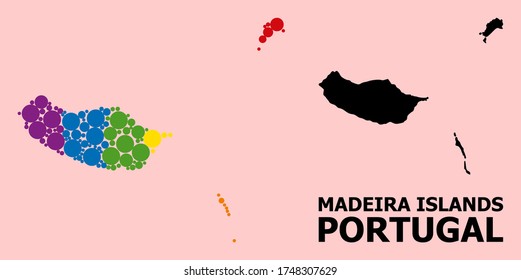 Spectrum colored collage vector map of Madeira Islands for LGBT, and black version. Geographic collage map of Madeira Islands is done with randomized circle dots.