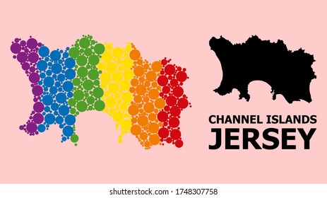 Spectrum colored collage vector map of Jersey Island for LGBT, and black version. Geographic collage map of Jersey Island is organized with random circle spots.